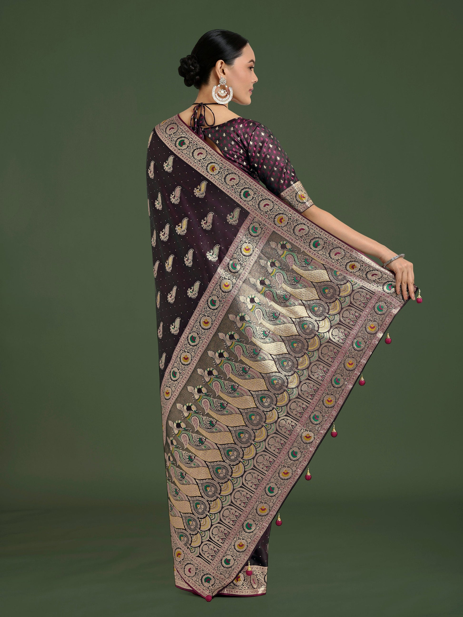 Monjolika Fashion Wine Color Festival Wear Banarasi Satin Silk Designer Zari Weaving Saree | Swadesiicart