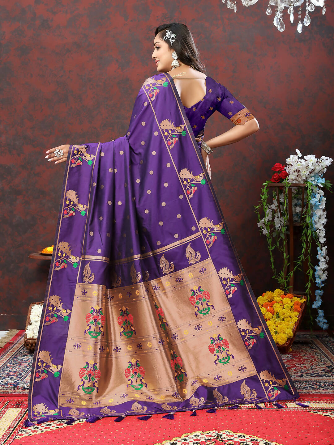 Lorenvalley Fashion Purple Soft Paithani Silk Woven Design Copper Zari Meenakari Weaving Saree - Swadesiicart