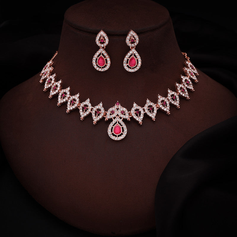 Tehzeeb Creations Pink Colour Ad Studded Necklace Jewellery Set With Matching Earrings For Women And Girls - Swadesiicart