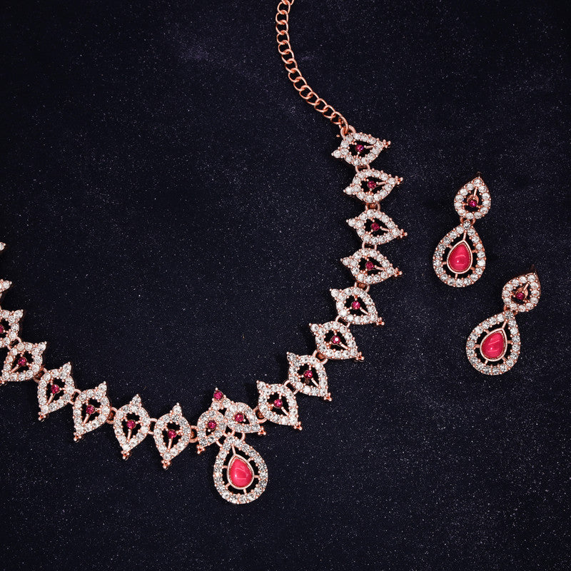 Tehzeeb Creations Pink Colour Ad Studded Necklace Jewellery Set With Matching Earrings For Women And Girls - Swadesiicart