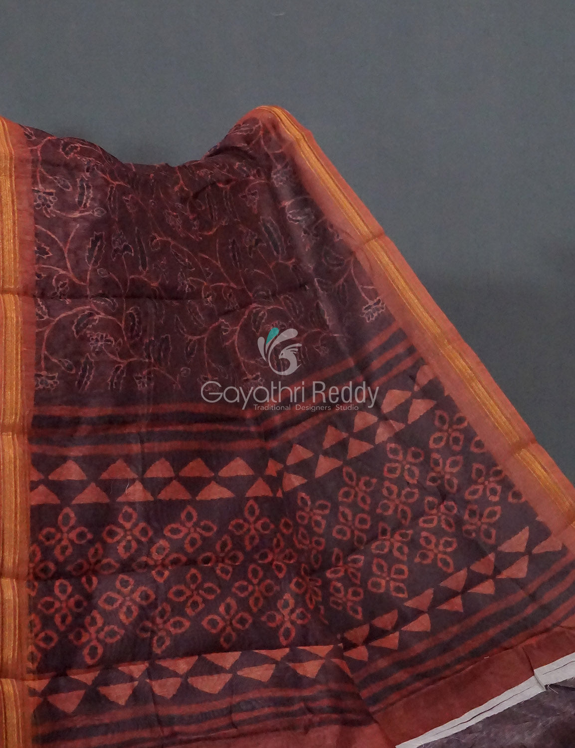 Light Coffee Brown Coloured Discharge Print Semi Chanderi Saree By Gayathri Reddy Designer Studio | Swadesiicart