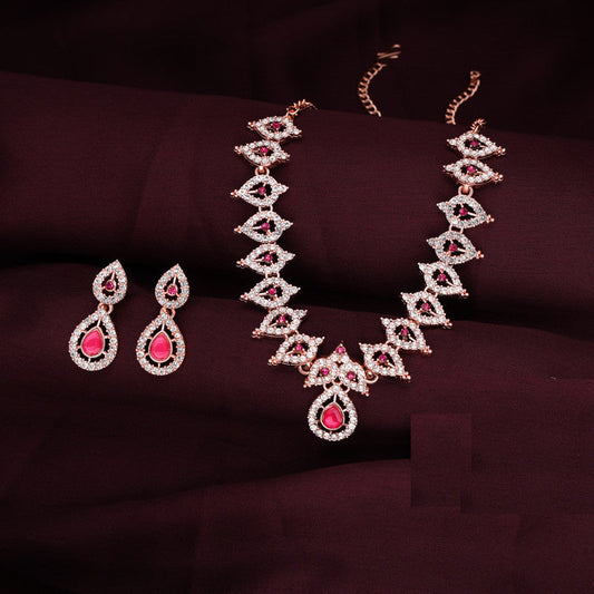 Tehzeeb Creations Pink Colour Ad Studded Necklace Jewellery Set With Matching Earrings For Women And Girls - Swadesiicart