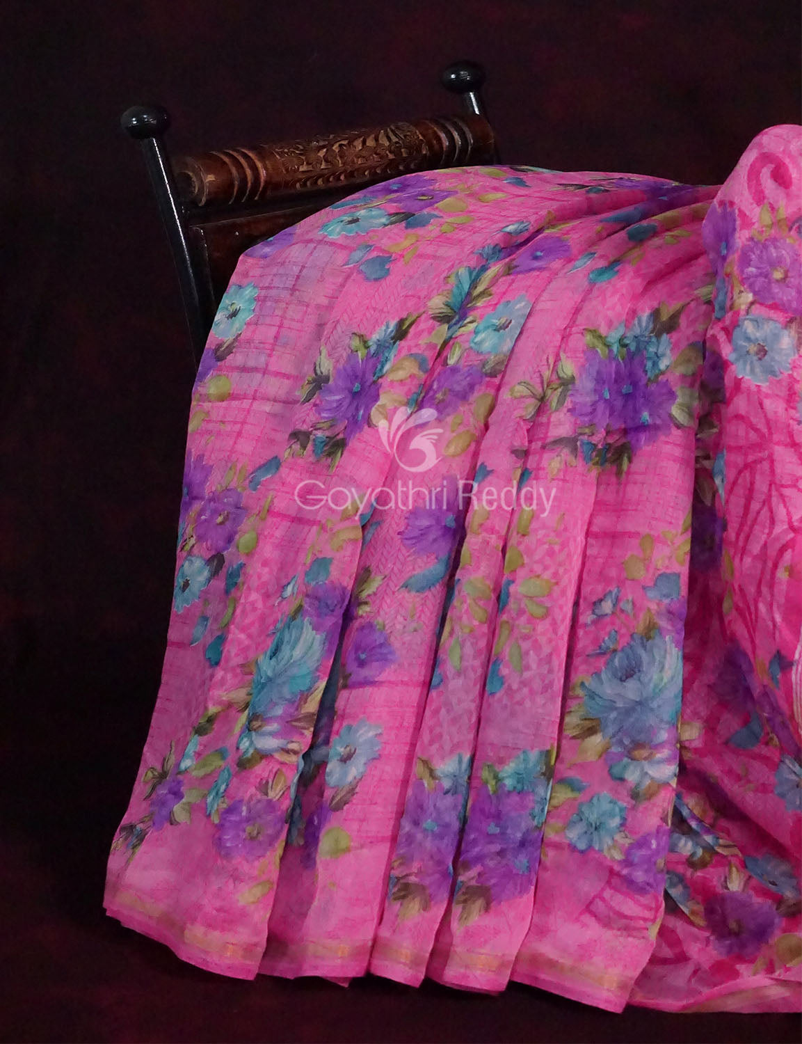 Neon Pink Printed Semi Chanderi Saree By Gayathri Reddy Designer Studio | Swadesiicart