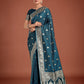 Monjolika Fashion Dark Teal Banarasi Satin Silk Saree with Intricate Zari Work with Rich Weaving Pattern | Swadesiicart
