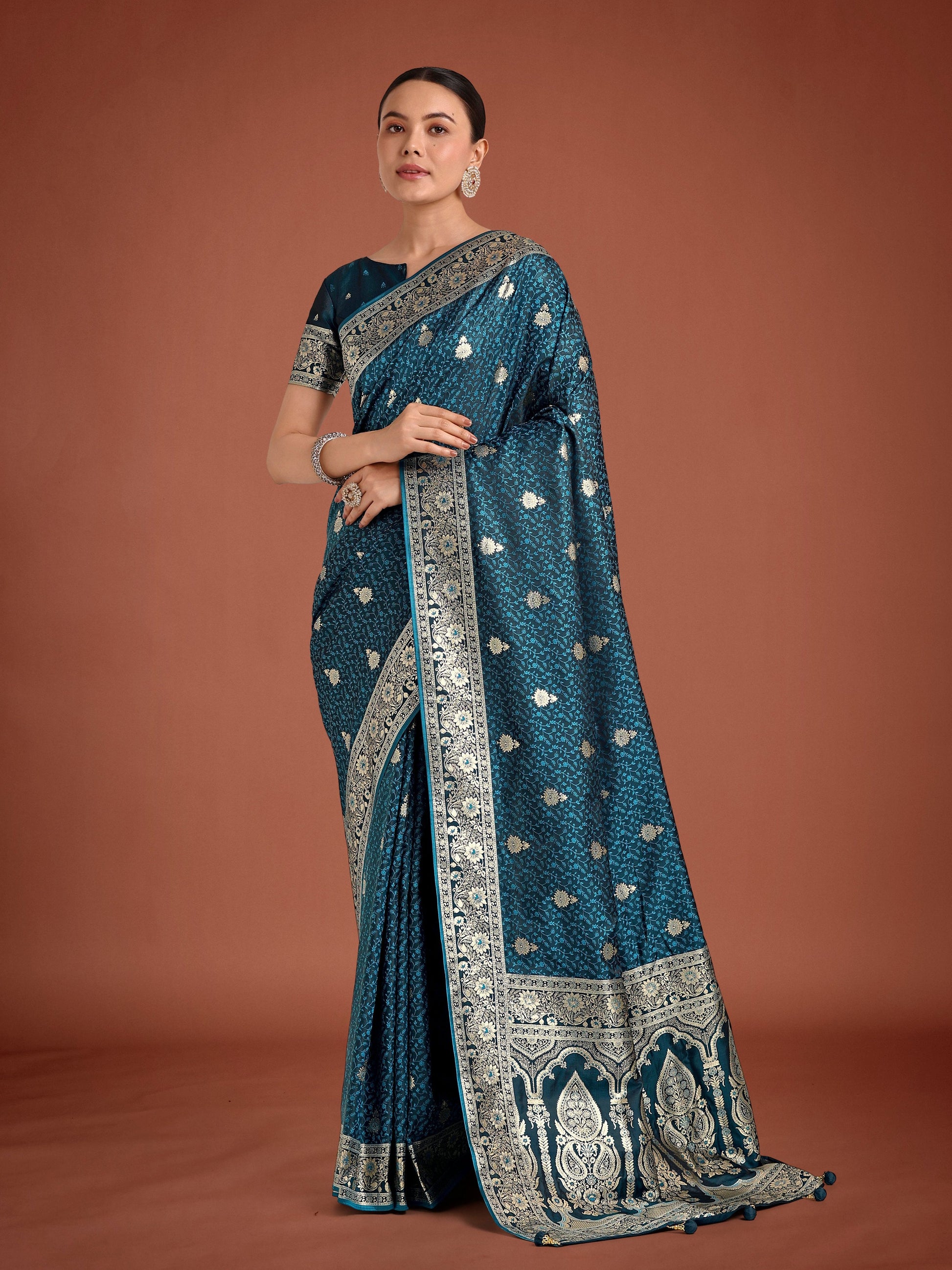 Monjolika Fashion Dark Teal Banarasi Satin Silk Saree with Intricate Zari Work with Rich Weaving Pattern | Swadesiicart