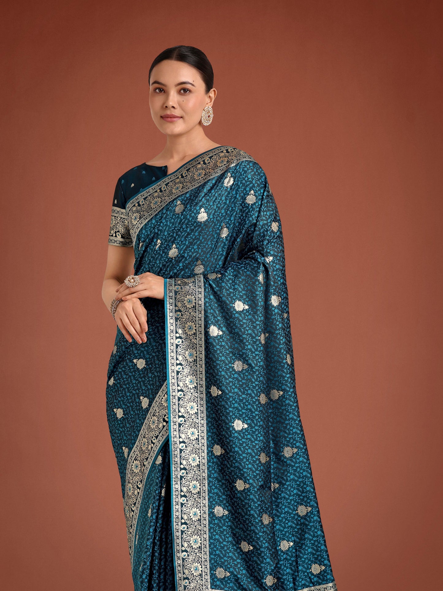 Monjolika Fashion Dark Teal Banarasi Satin Silk Saree with Intricate Zari Work with Rich Weaving Pattern | Swadesiicart