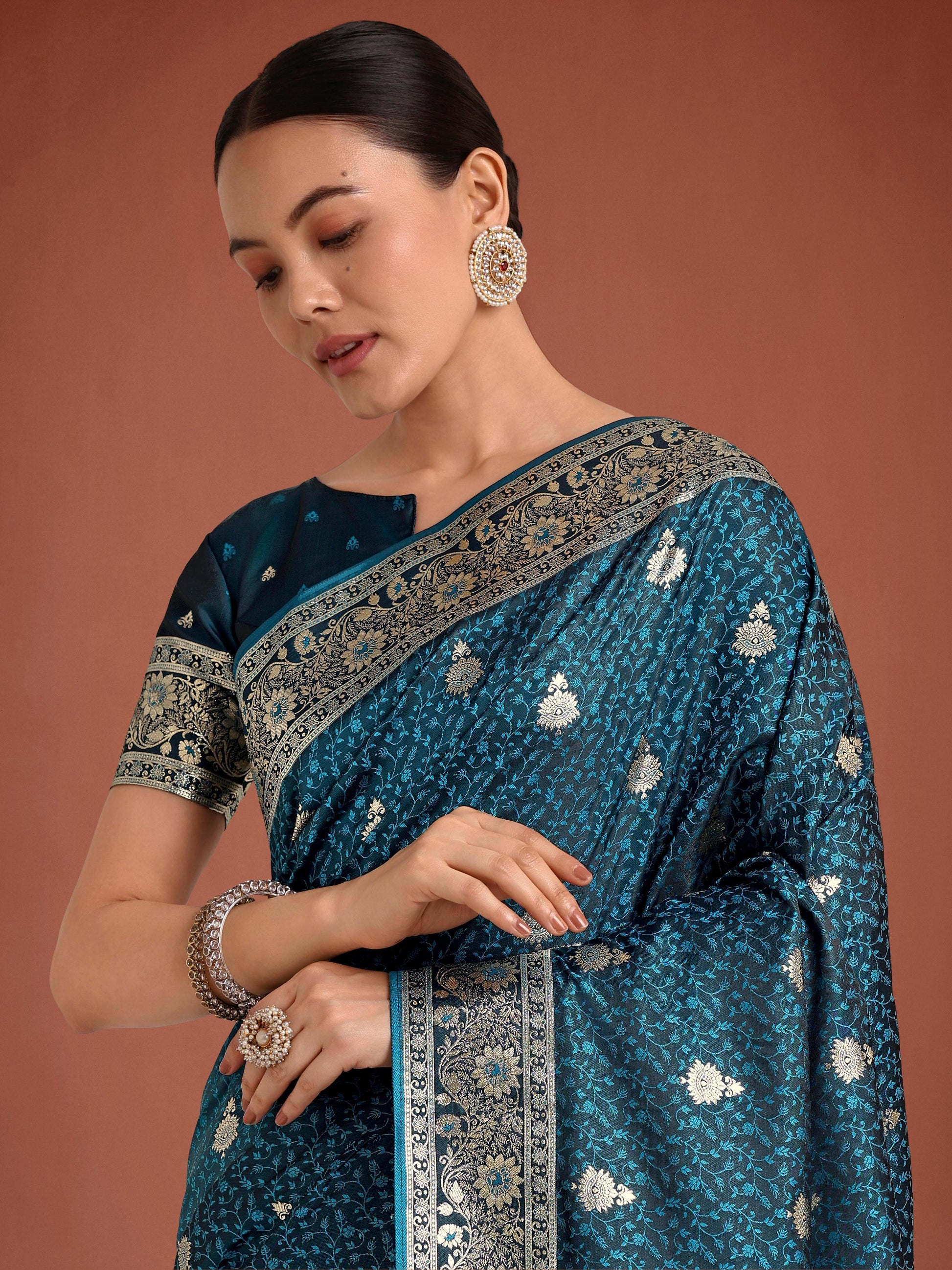 Monjolika Fashion Dark Teal Banarasi Satin Silk Saree with Intricate Zari Work with Rich Weaving Pattern | Swadesiicart