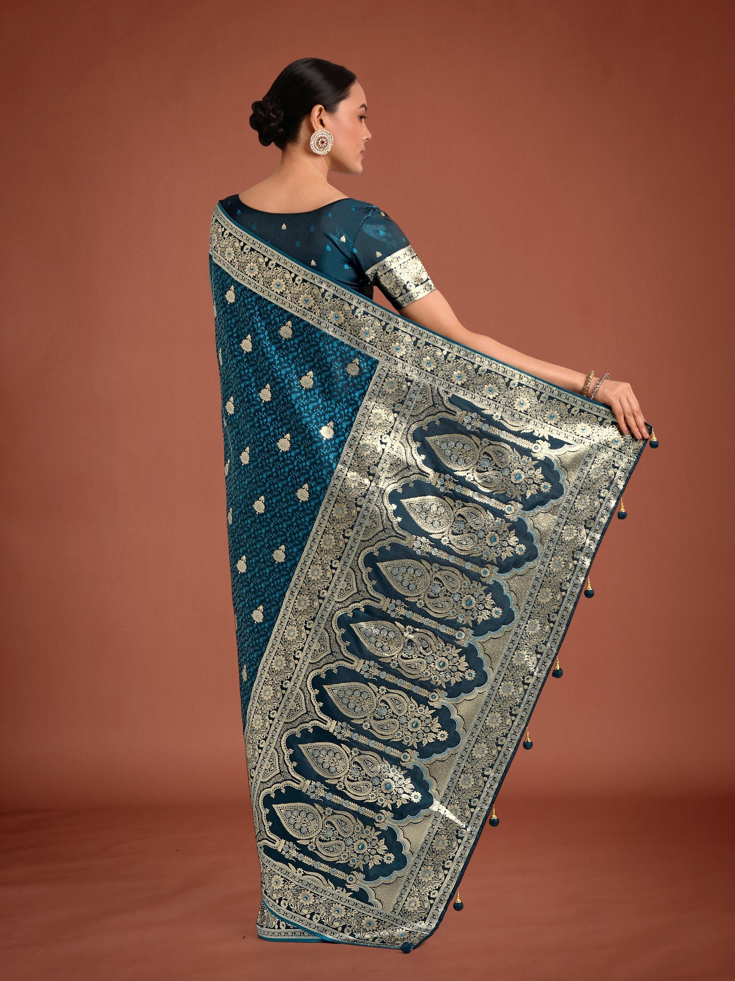 Monjolika Fashion Dark Teal Banarasi Satin Silk Saree with Intricate Zari Work with Rich Weaving Pattern | Swadesiicart