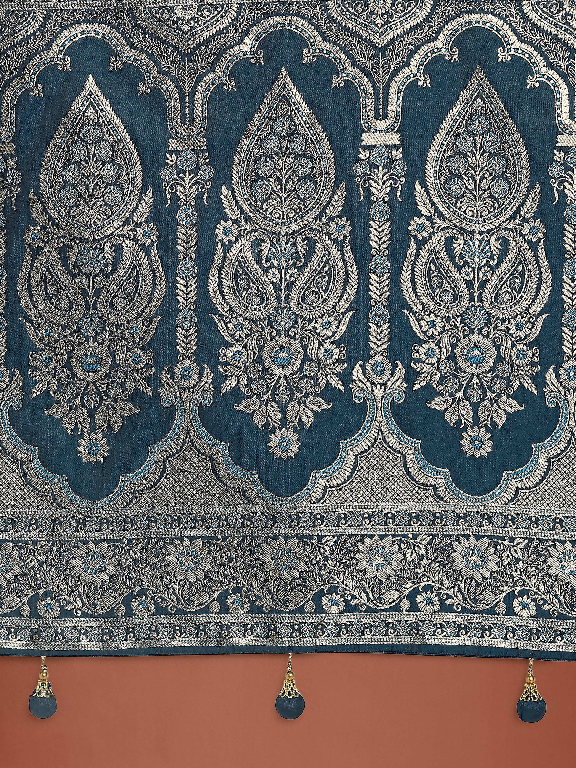 Monjolika Fashion Dark Teal Banarasi Satin Silk Saree with Intricate Zari Work with Rich Weaving Pattern | Swadesiicart