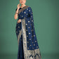 Monjolika Fashion Blue Banarasi Satin Silk Saree with Intricate Zari Work with Rich Weaving Pattern | Swadesiicart
