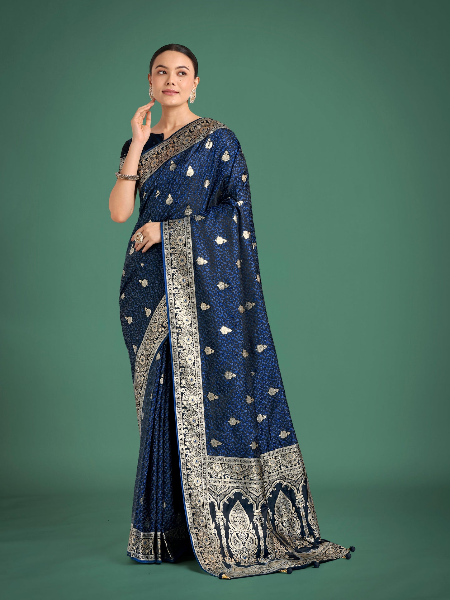 Monjolika Fashion Blue Banarasi Satin Silk Saree with Intricate Zari Work with Rich Weaving Pattern | Swadesiicart