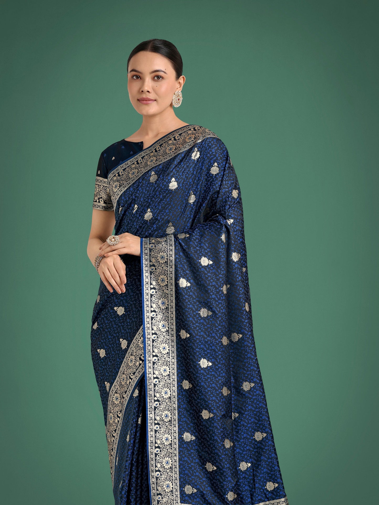 Monjolika Fashion Blue Banarasi Satin Silk Saree with Intricate Zari Work with Rich Weaving Pattern | Swadesiicart