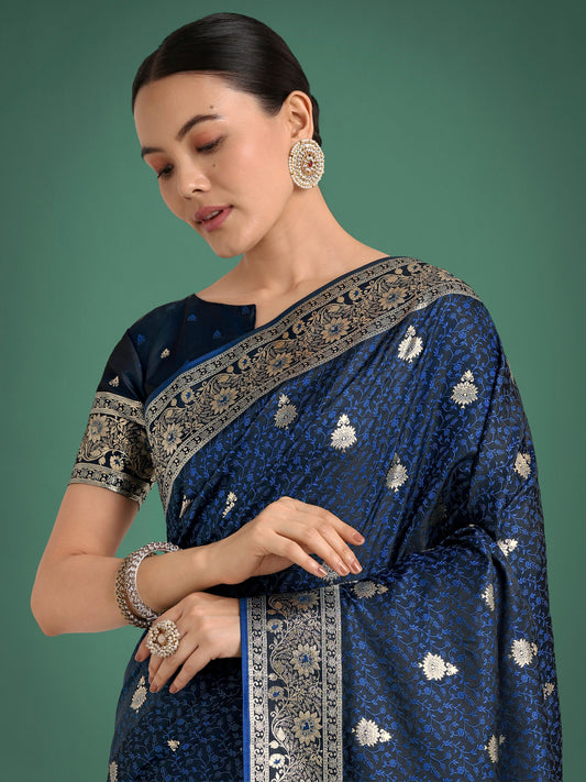 Monjolika Fashion Blue Banarasi Satin Silk Saree with Intricate Zari Work with Rich Weaving Pattern | Swadesiicart