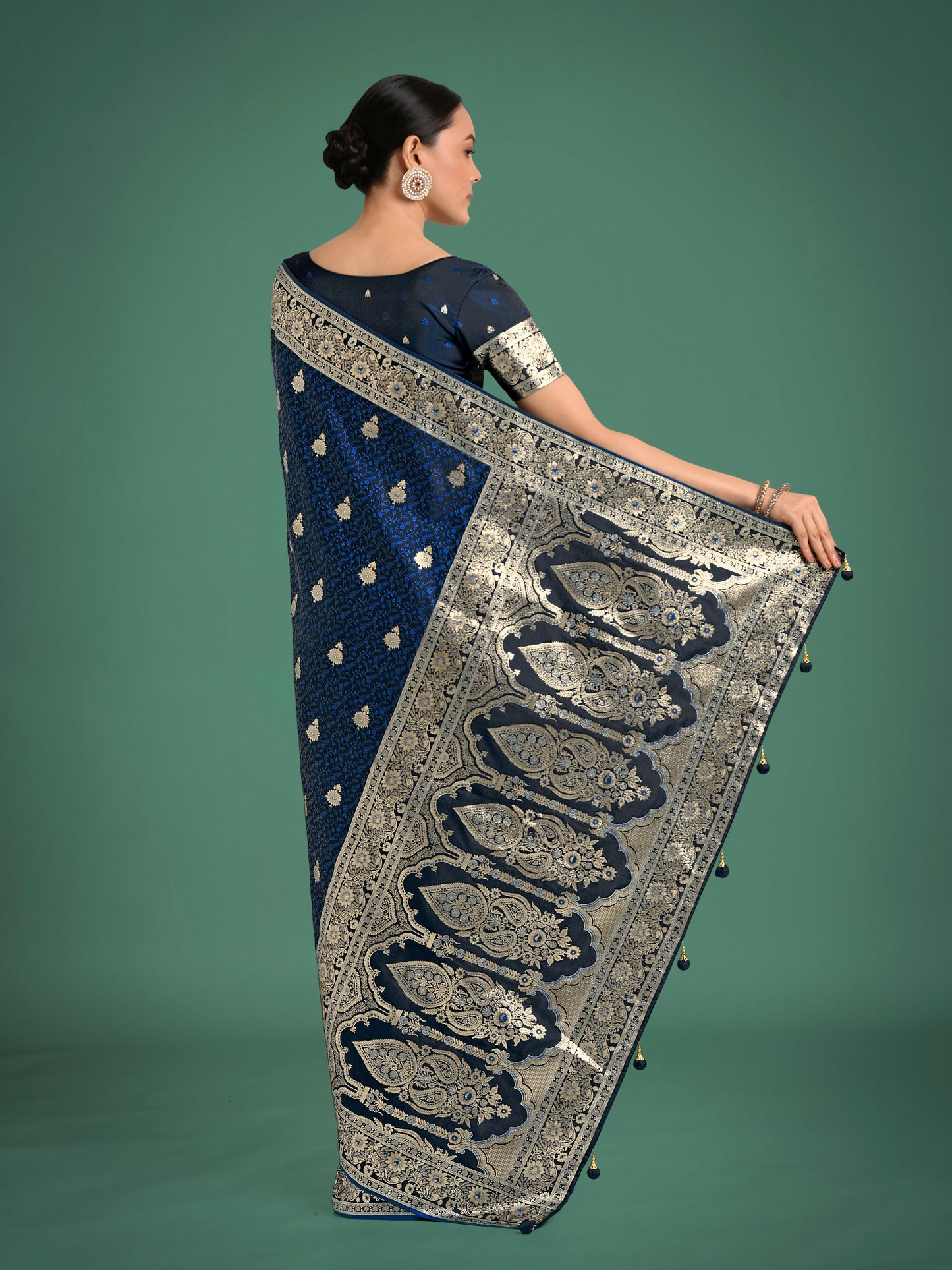 Monjolika Fashion Blue Banarasi Satin Silk Saree with Intricate Zari Work with Rich Weaving Pattern | Swadesiicart