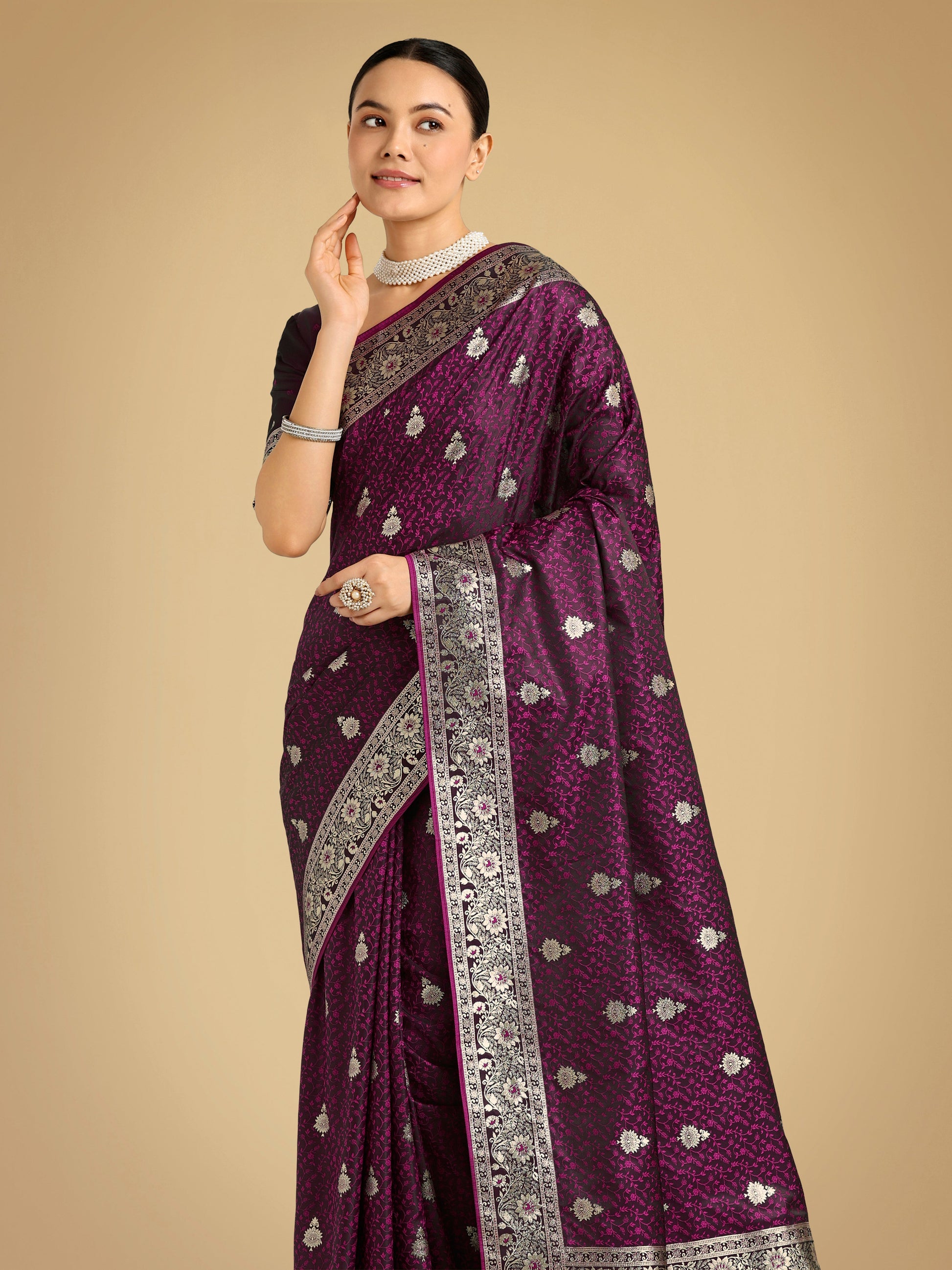 Monjolika Fashion Wine Banarasi Satin Silk Saree with Intricate Zari Work with Rich Weaving Pattern | Swadesiicart