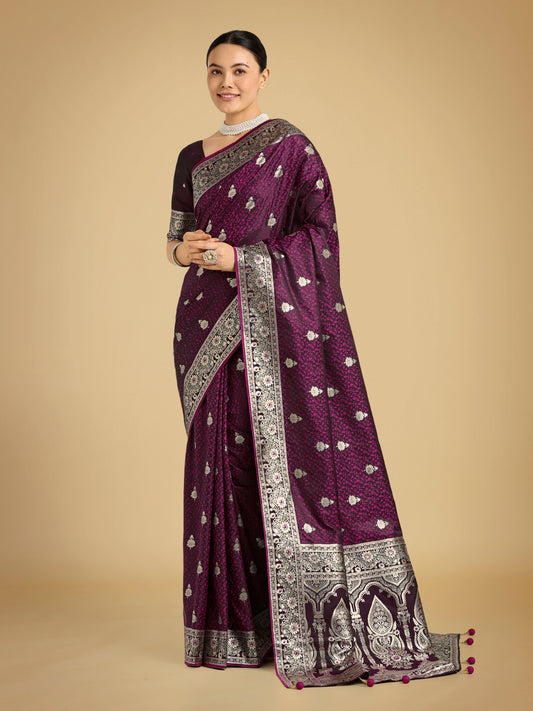 Monjolika Fashion Wine Banarasi Satin Silk Saree with Intricate Zari Work with Rich Weaving Pattern | Swadesiicart