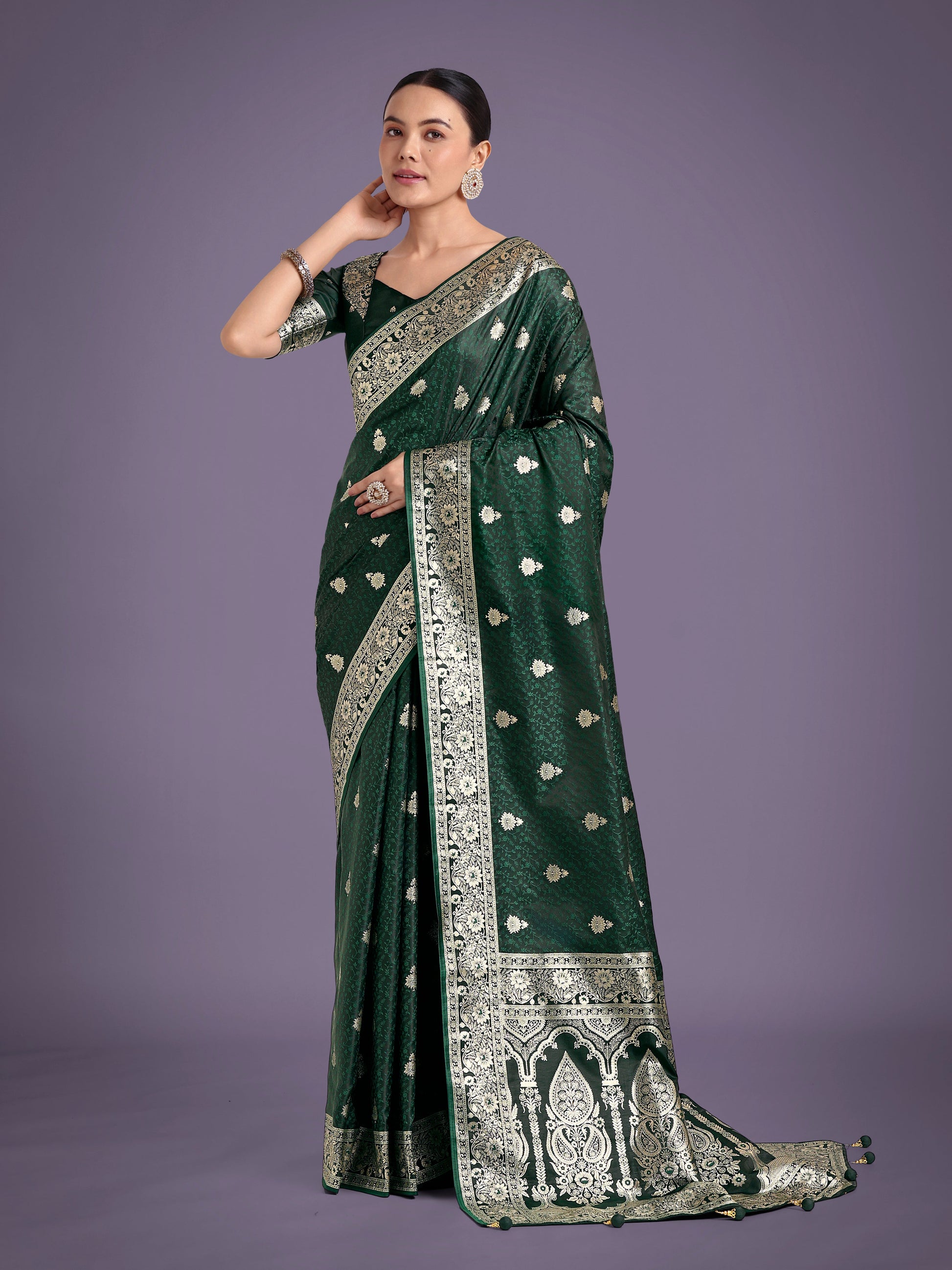 Monjolika Fashion Dark Green Banarasi Satin Silk Saree with Intricate Zari Work with Rich Weaving Pattern | Swadesiicart