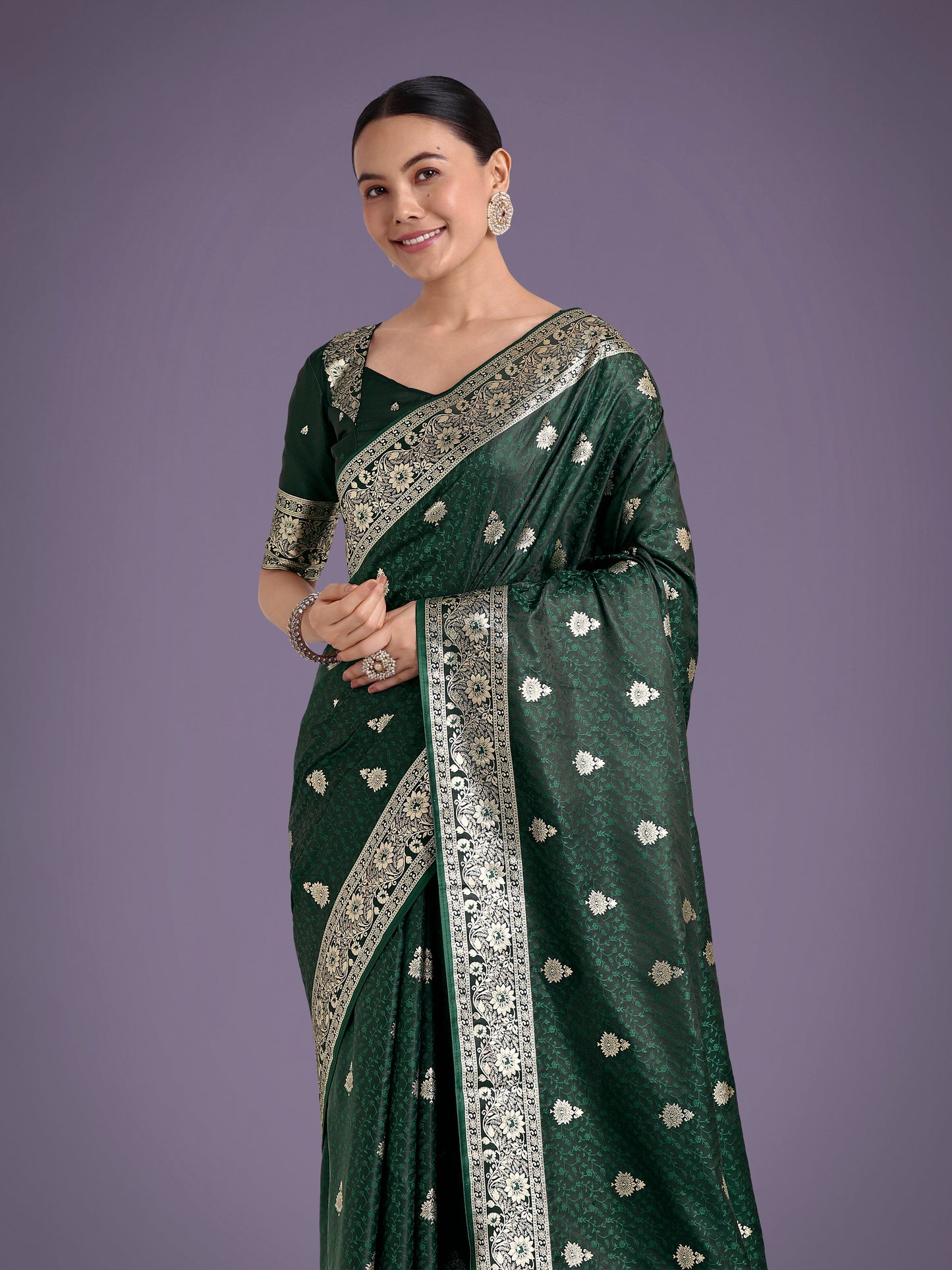 Monjolika Fashion Dark Green Banarasi Satin Silk Saree with Intricate Zari Work with Rich Weaving Pattern | Swadesiicart