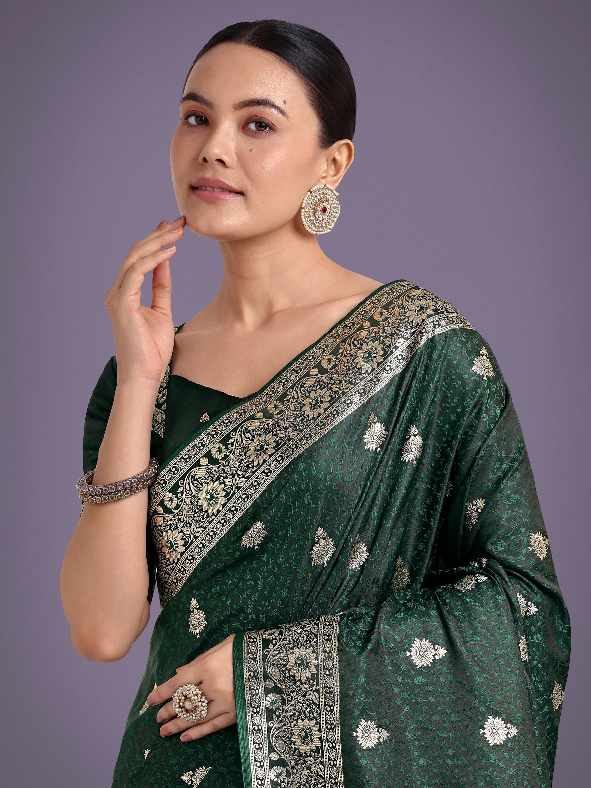 Monjolika Fashion Dark Green Banarasi Satin Silk Saree with Intricate Zari Work with Rich Weaving Pattern | Swadesiicart