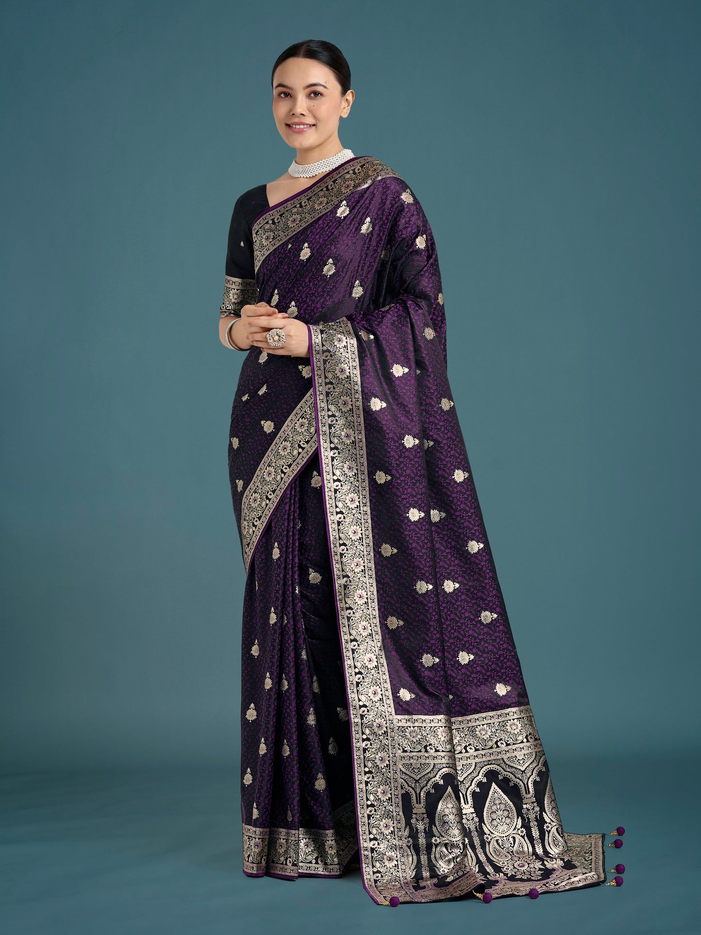 Monjolika Fashion Purple Banarasi Satin Silk Saree with Intricate Zari Work with Rich Weaving Pattern | Swadesiicart