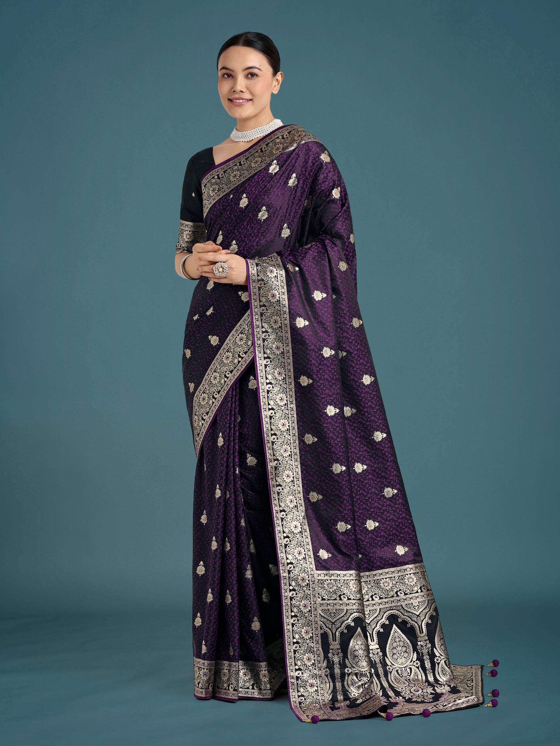 Monjolika Fashion Purple Banarasi Satin Silk Saree with Intricate Zari Work with Rich Weaving Pattern | Swadesiicart