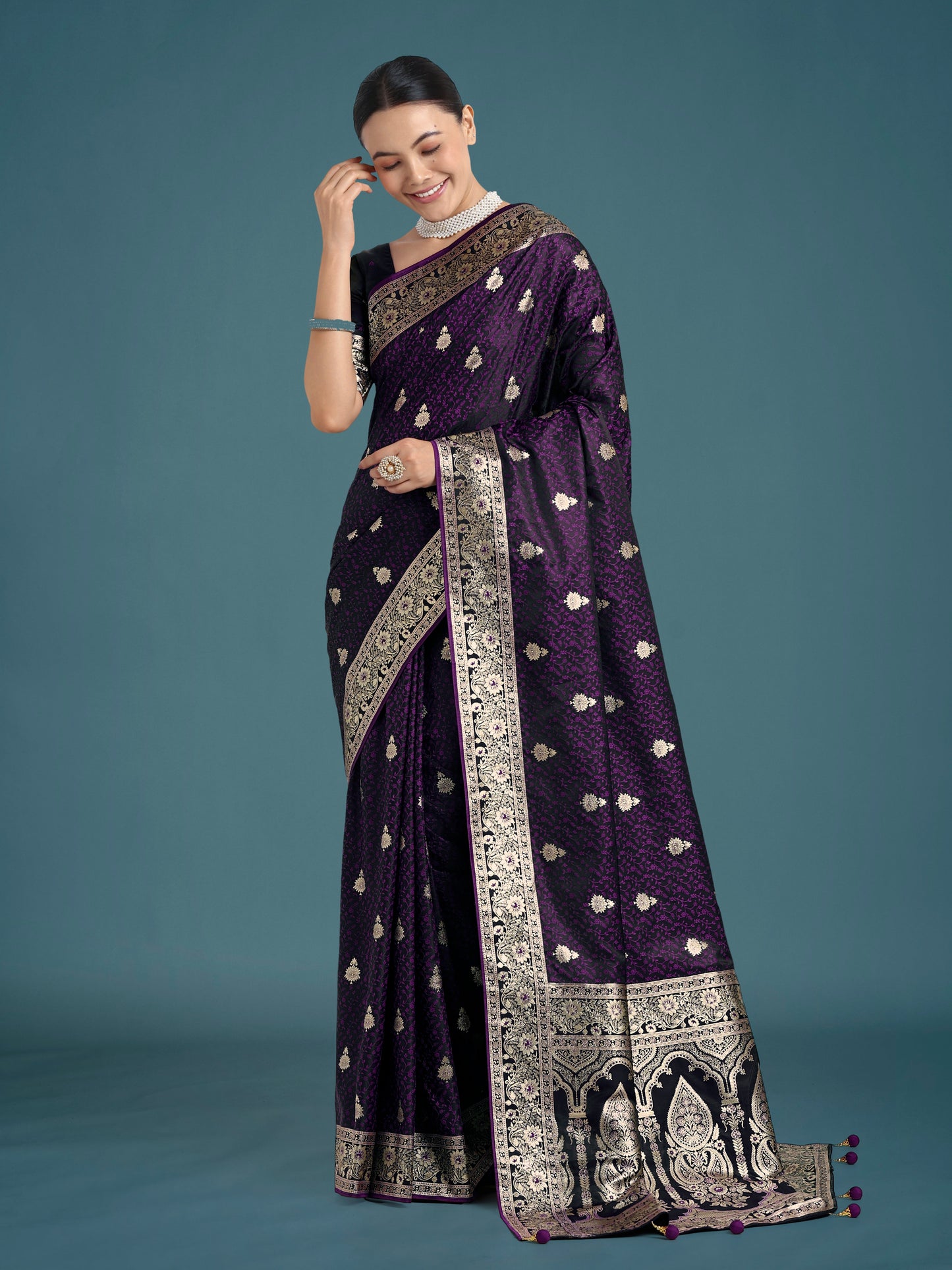 Monjolika Fashion Purple Banarasi Satin Silk Saree with Intricate Zari Work with Rich Weaving Pattern | Swadesiicart
