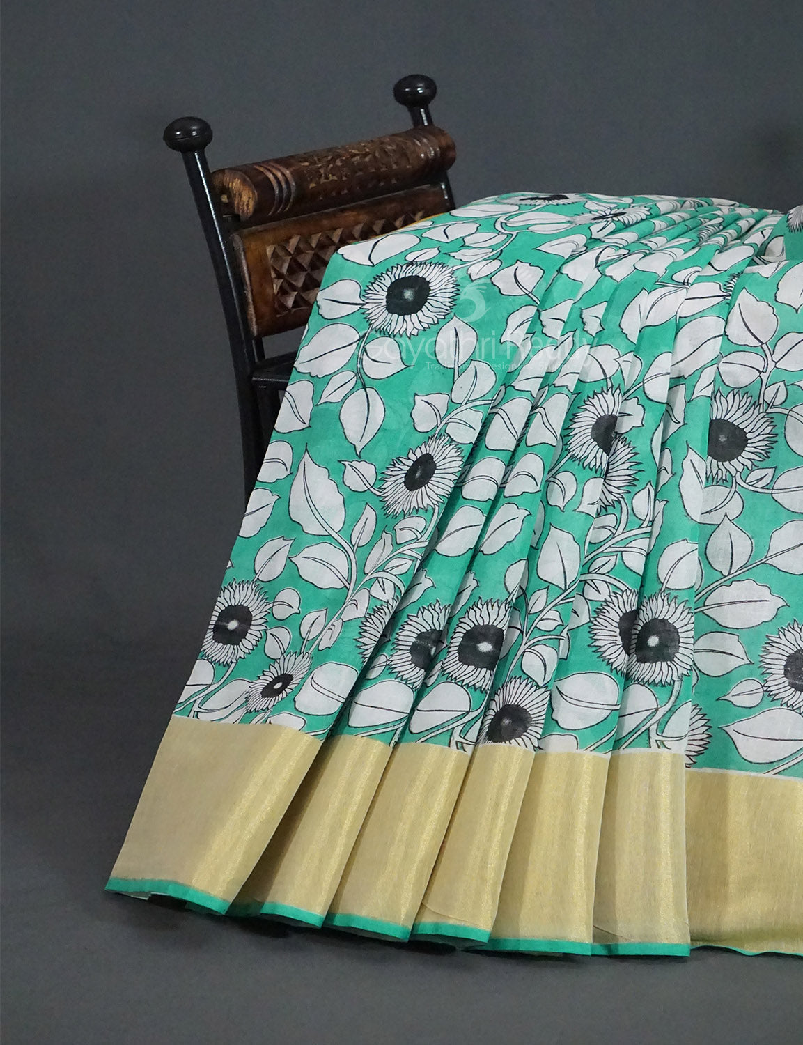 Gleaming Sea Green Kalamkari Cotton Linen Printed Saree By Gayathri Reddy Designer Studio | Swadesiicart