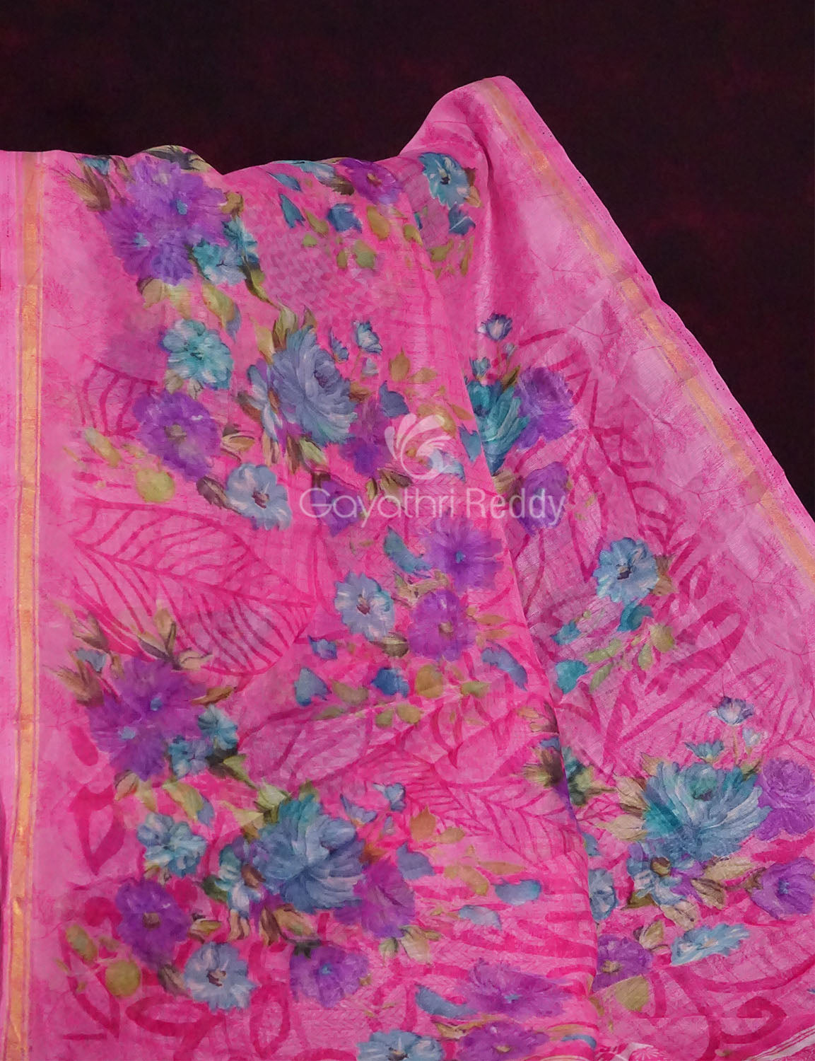 Neon Pink Printed Semi Chanderi Saree By Gayathri Reddy Designer Studio | Swadesiicart