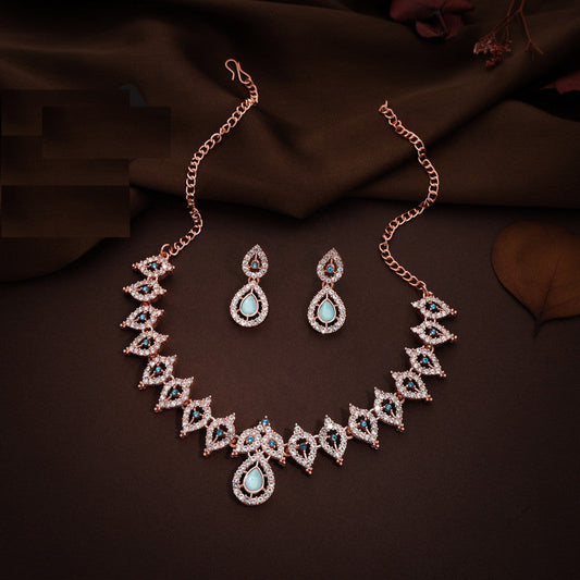 Tehzeeb Creations Sky Blue Colour Ad Studded Necklace Jewellery Set With Matching Earrings For Women And Girls - Swadesiicart