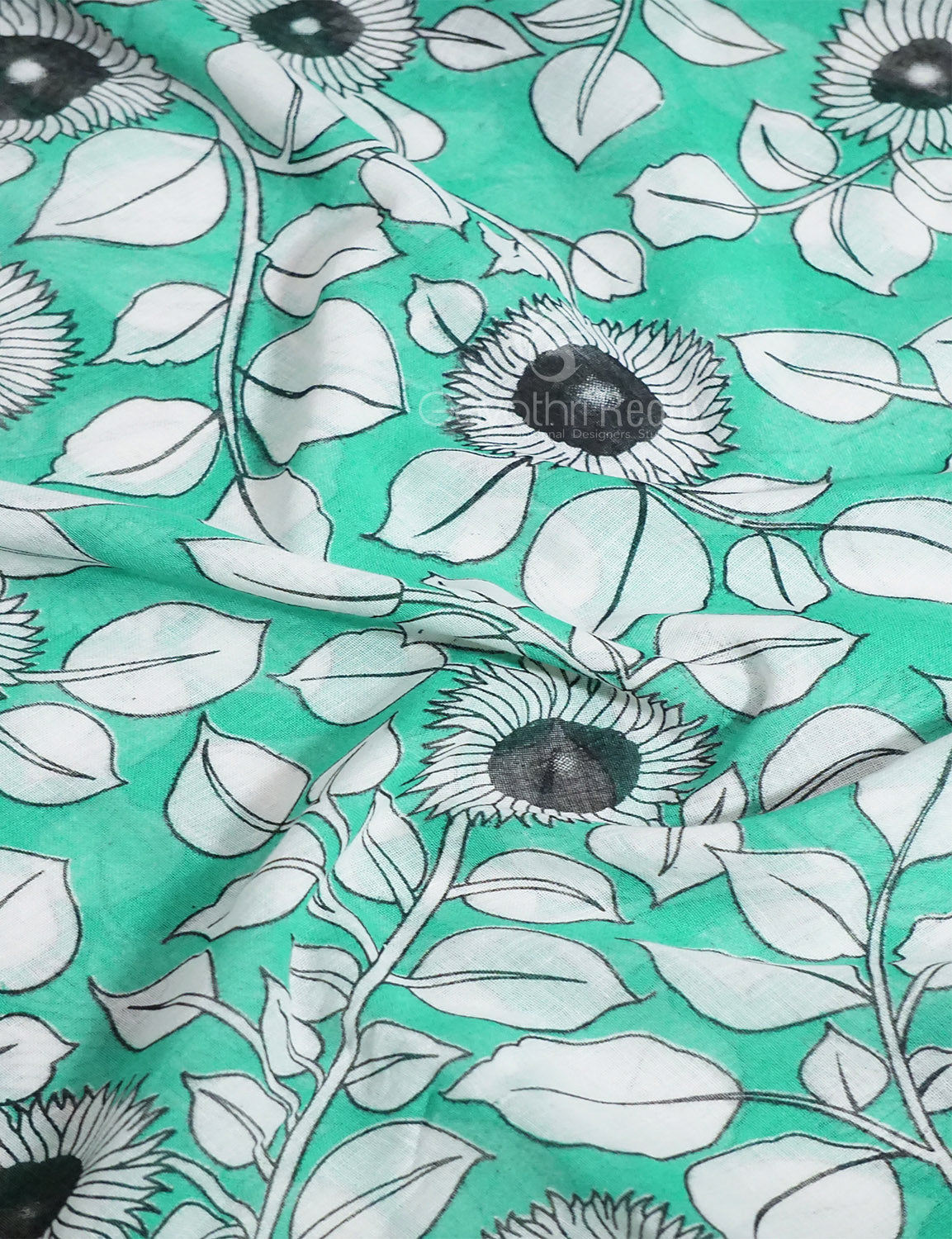 Gleaming Sea Green Kalamkari Cotton Linen Printed Saree By Gayathri Reddy Designer Studio | Swadesiicart