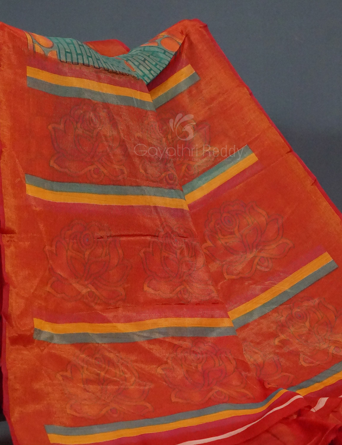 Sea Green Colour With Orange Blouse Cotton Brasso Saree By Gayathri Reddy Designer Studio | Swadesiicart
