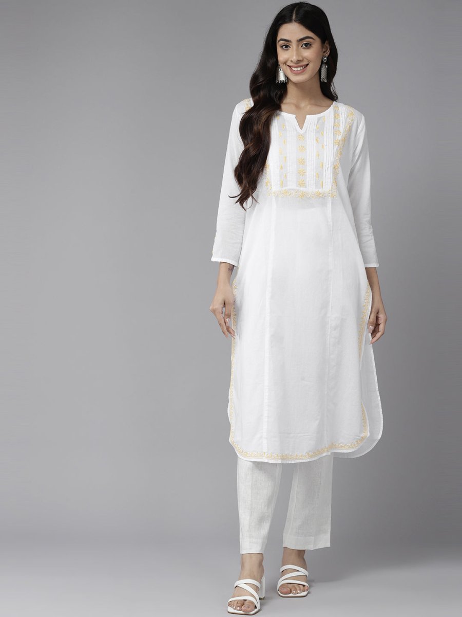 ADA Ethnic Motifs Embroidered Chikankari White Romance Kurta | Swadesiicart