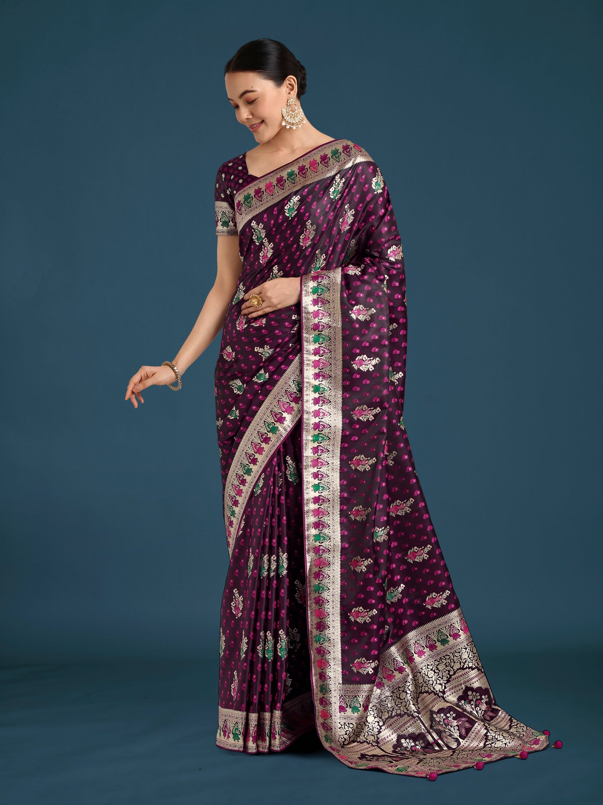Monjolika Fashion Wine With Gold Bordar Banarasi Zari Woven Satin Saree | Swadesiicart