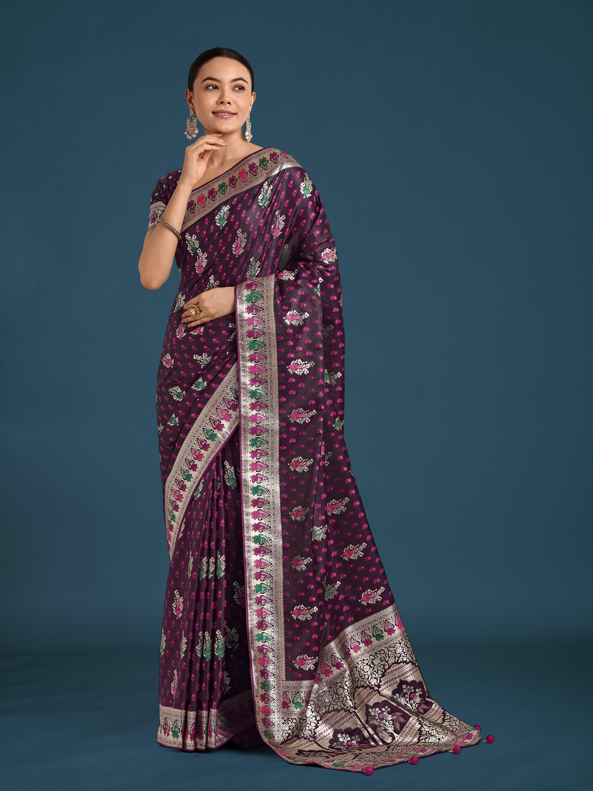Monjolika Fashion Wine With Gold Bordar Banarasi Zari Woven Satin Saree | Swadesiicart