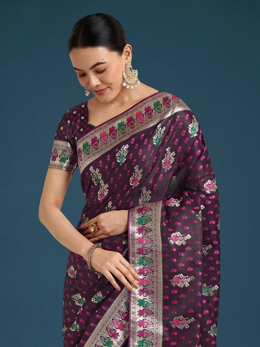 Monjolika Fashion Wine With Gold Bordar Banarasi Zari Woven Satin Saree | Swadesiicart