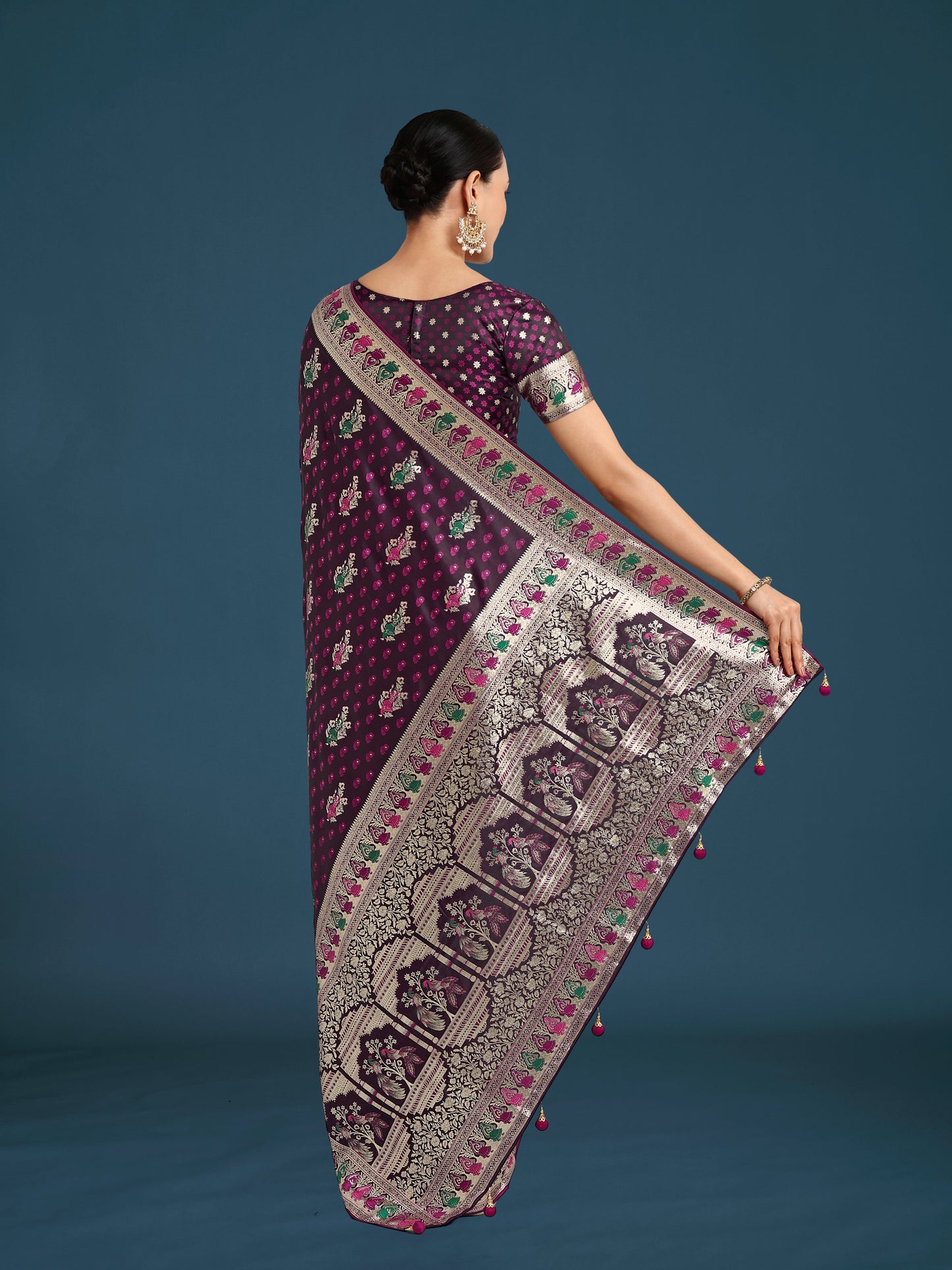 Monjolika Fashion Wine With Gold Bordar Banarasi Zari Woven Satin Saree | Swadesiicart