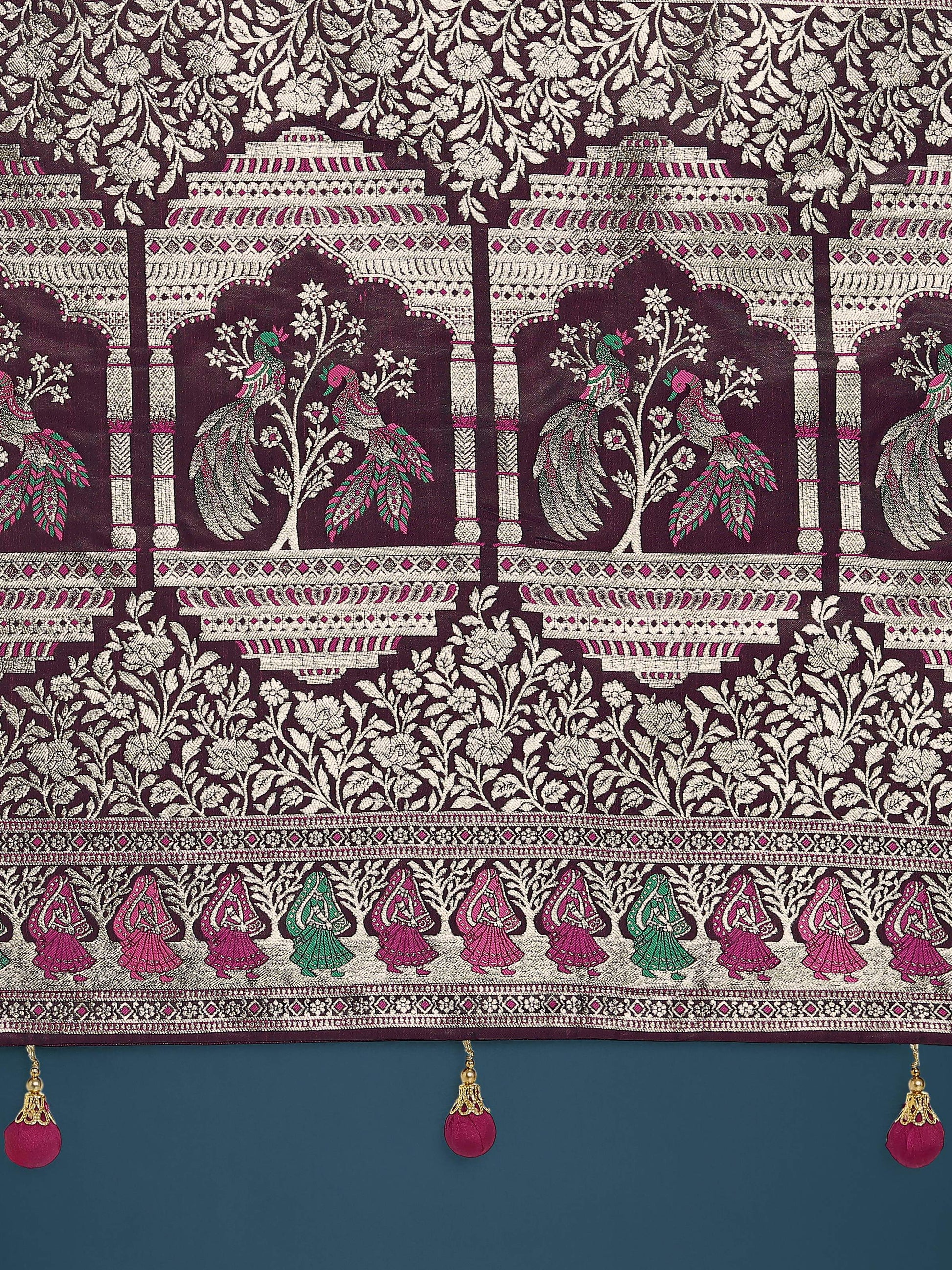 Monjolika Fashion Wine With Gold Bordar Banarasi Zari Woven Satin Saree | Swadesiicart