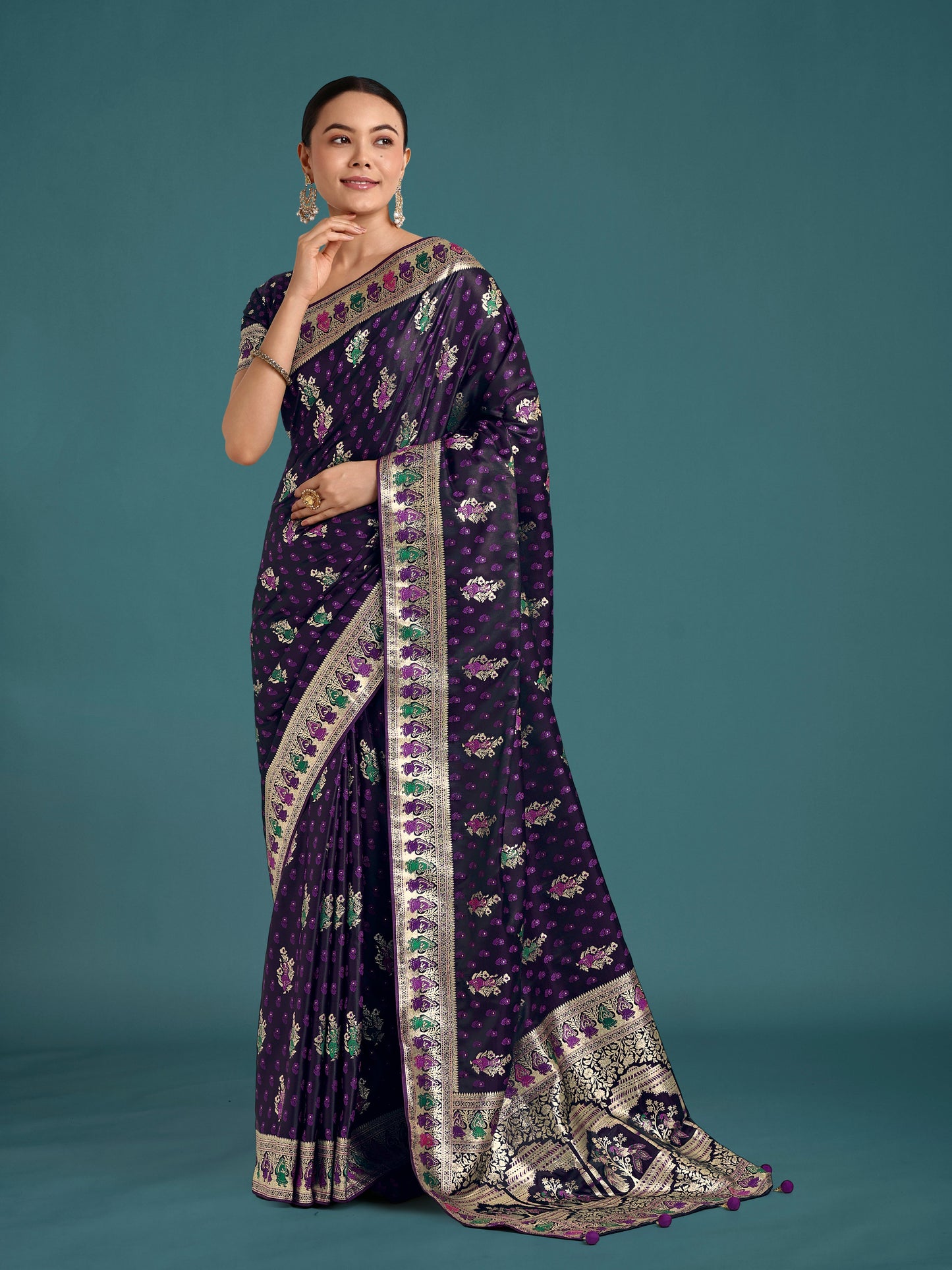Monjolika Fashion Purple With Gold Bordar Banarasi Zari Woven Satin Saree | Swadesiicart