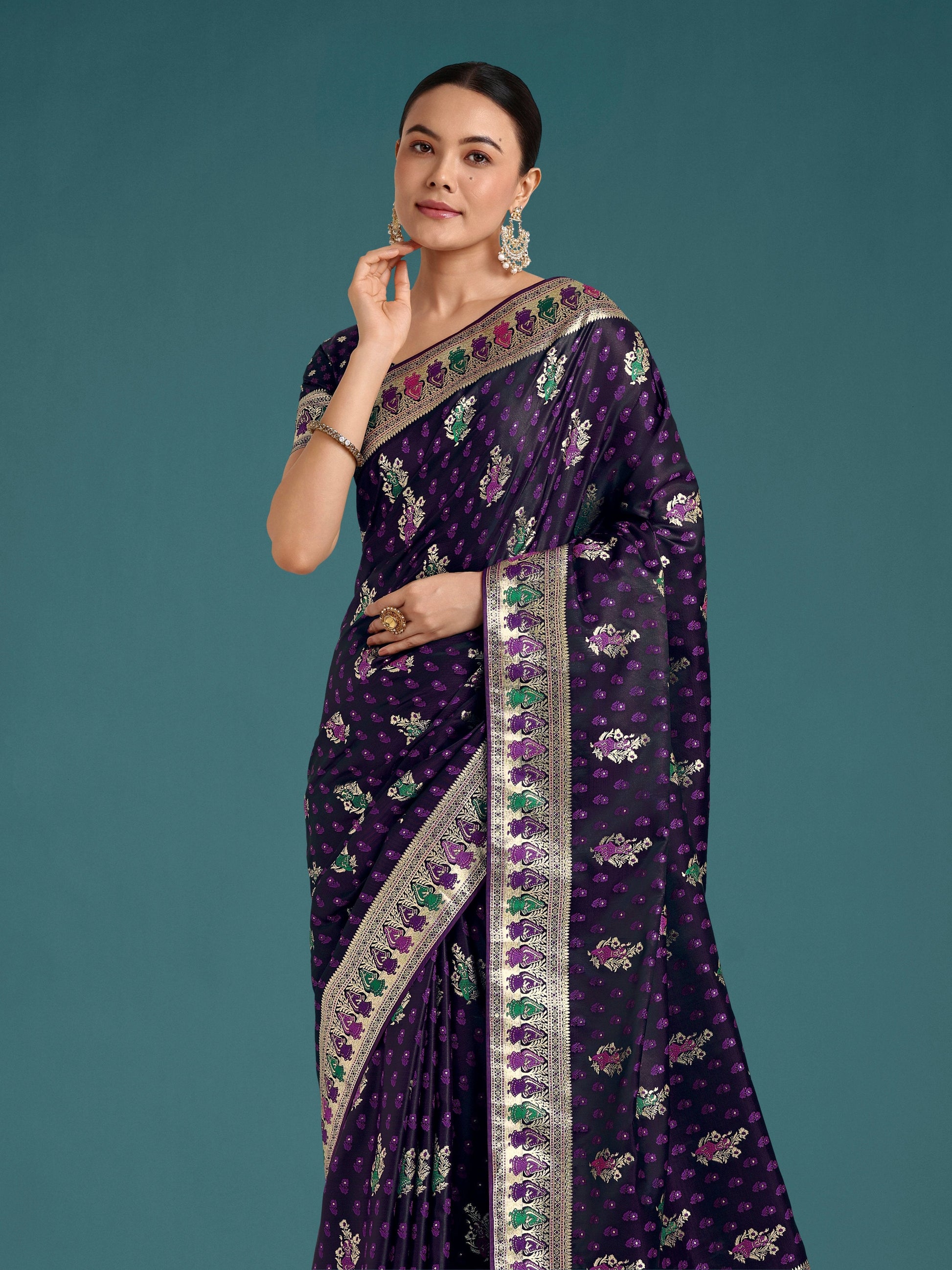 Monjolika Fashion Purple With Gold Bordar Banarasi Zari Woven Satin Saree | Swadesiicart