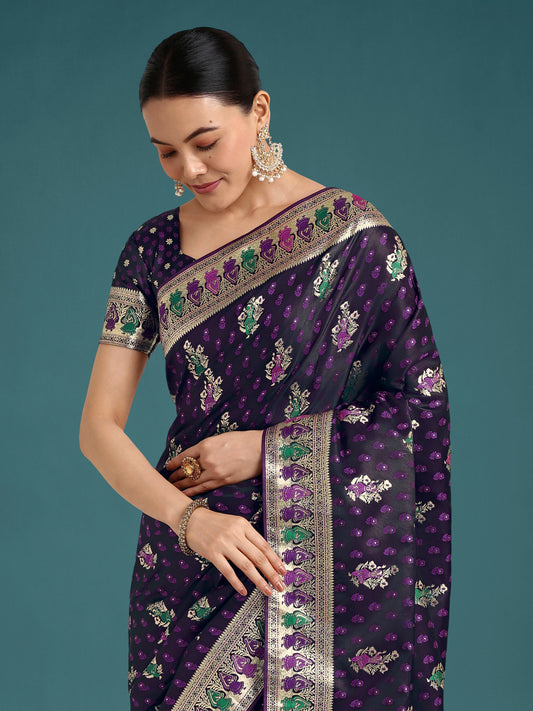 Monjolika Fashion Purple With Gold Bordar Banarasi Zari Woven Satin Saree | Swadesiicart