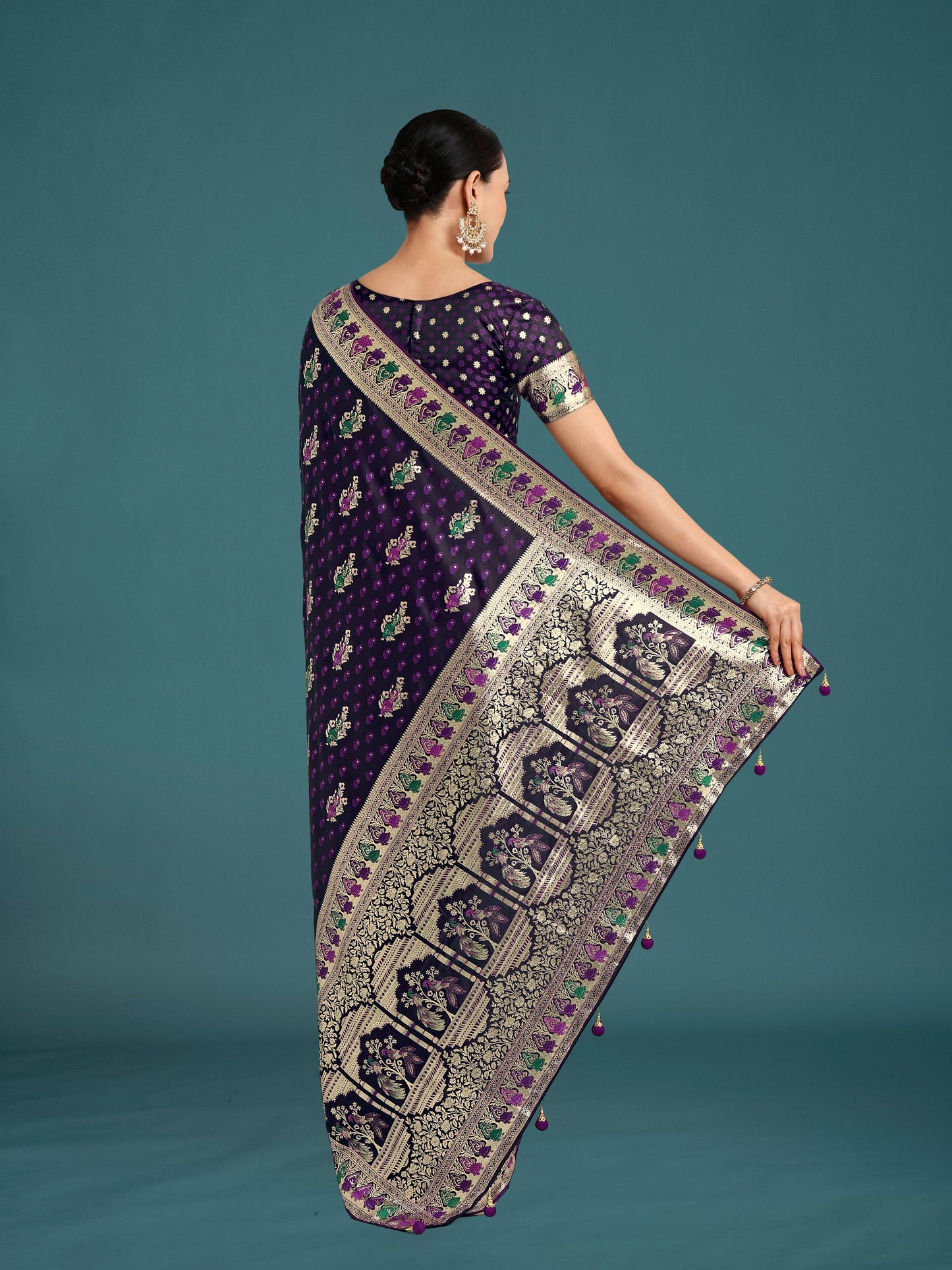 Monjolika Fashion Purple With Gold Bordar Banarasi Zari Woven Satin Saree | Swadesiicart