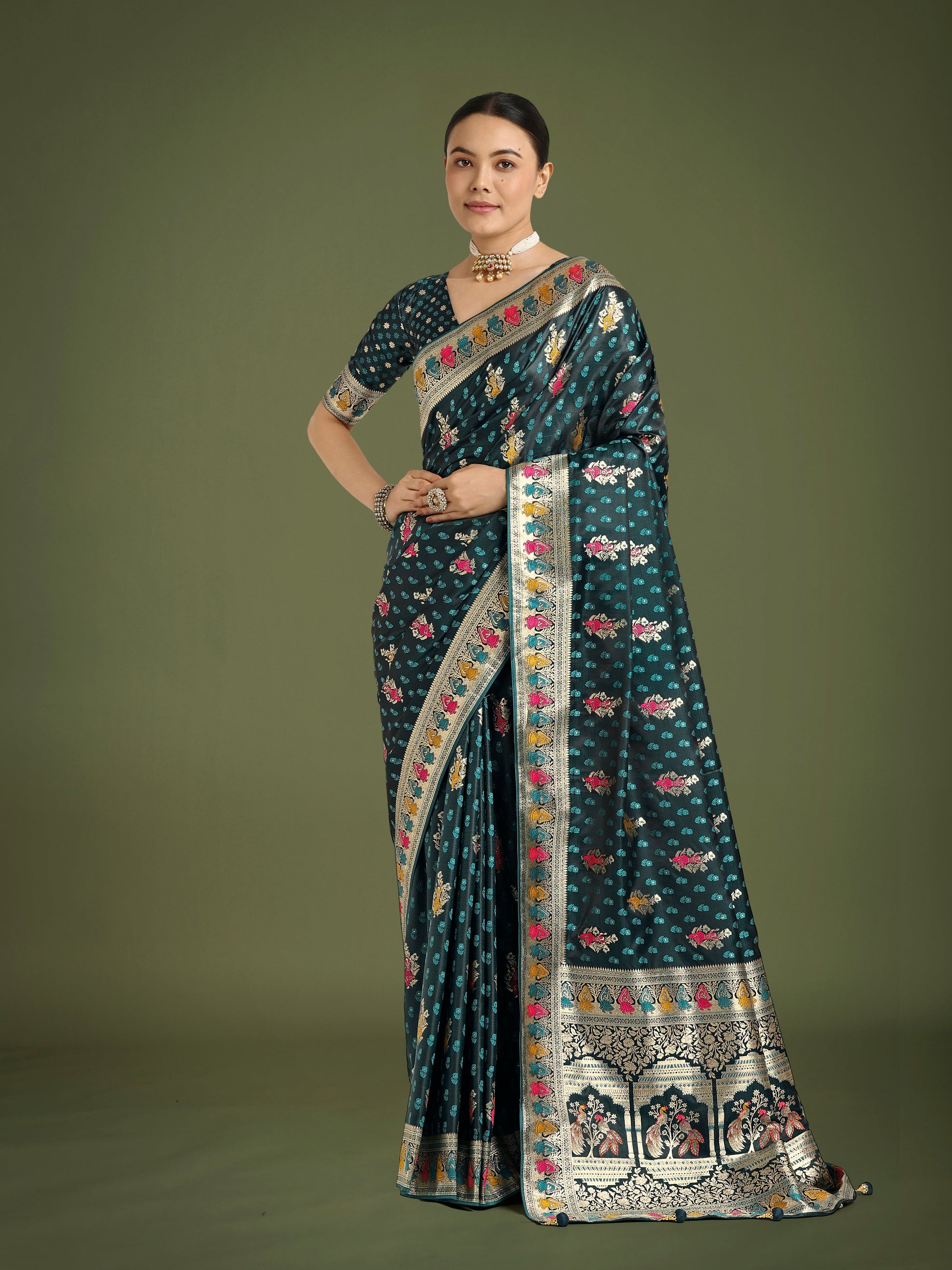 Monjolika Fashion Teal With Gold Bordar Banarasi Zari Woven Satin Saree | Swadesiicart