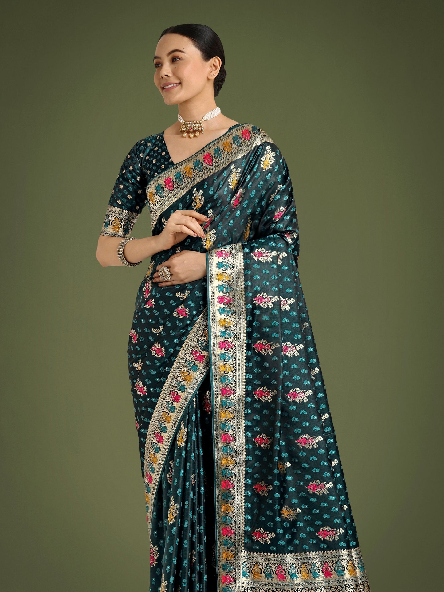 Monjolika Fashion Teal With Gold Bordar Banarasi Zari Woven Satin Saree | Swadesiicart
