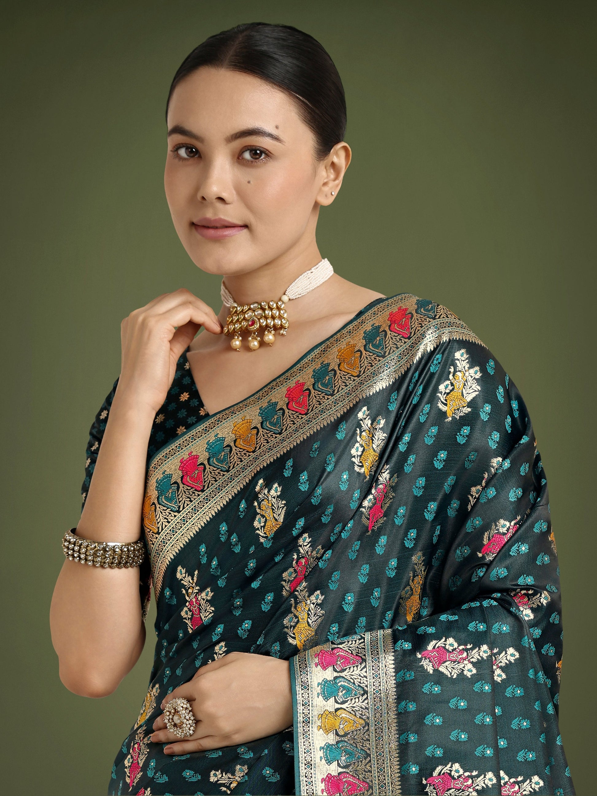 Monjolika Fashion Teal With Gold Bordar Banarasi Zari Woven Satin Saree | Swadesiicart