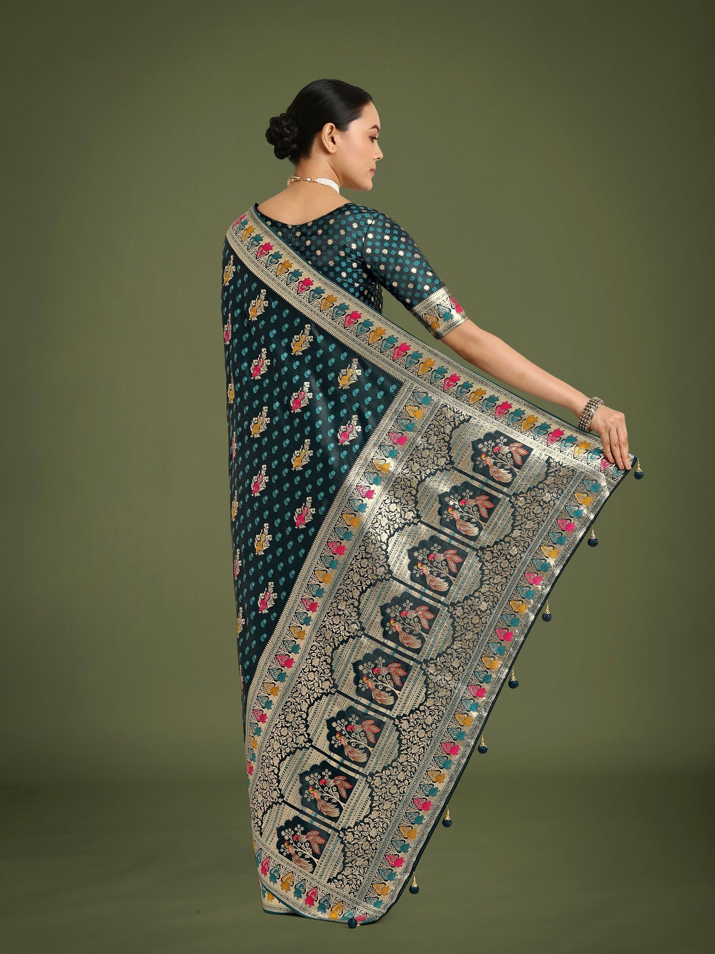 Monjolika Fashion Teal With Gold Bordar Banarasi Zari Woven Satin Saree | Swadesiicart