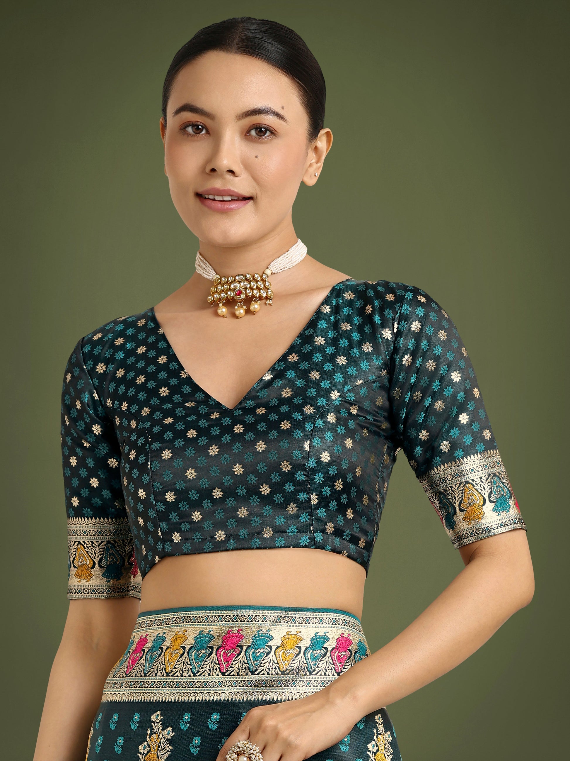 Monjolika Fashion Teal With Gold Bordar Banarasi Zari Woven Satin Saree | Swadesiicart