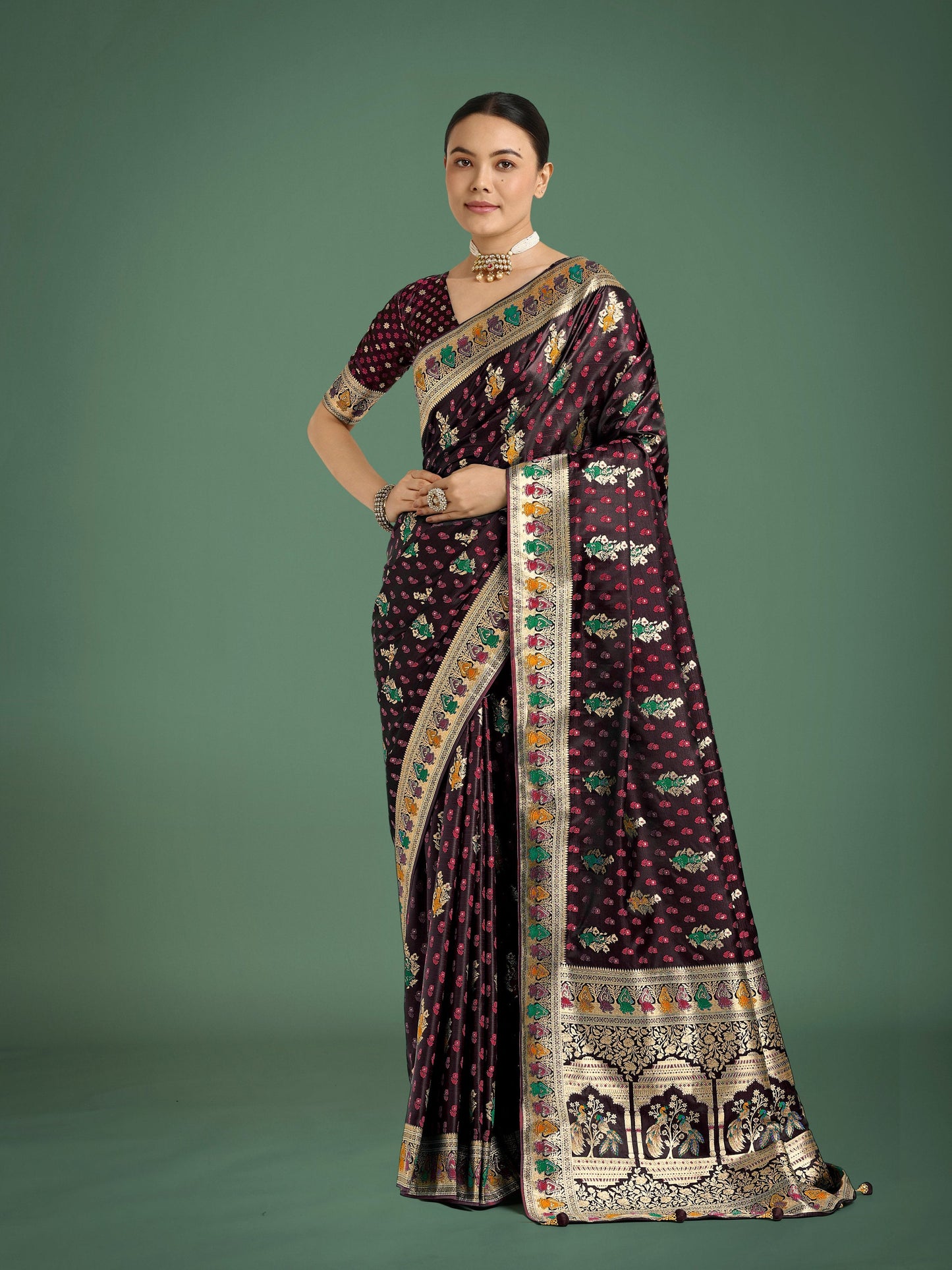 Monjolika Fashion Maroon With Gold Bordar Banarasi Zari Woven Satin Saree | Swadesiicart