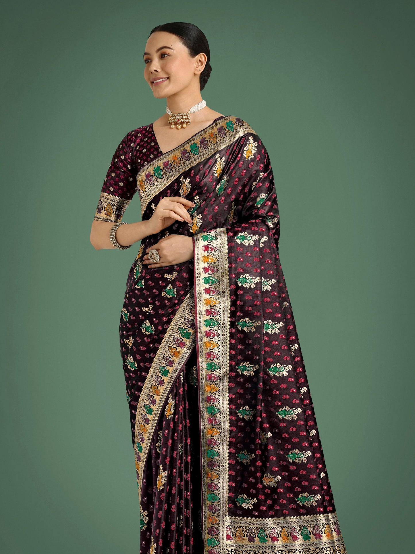 Monjolika Fashion Maroon With Gold Bordar Banarasi Zari Woven Satin Saree | Swadesiicart