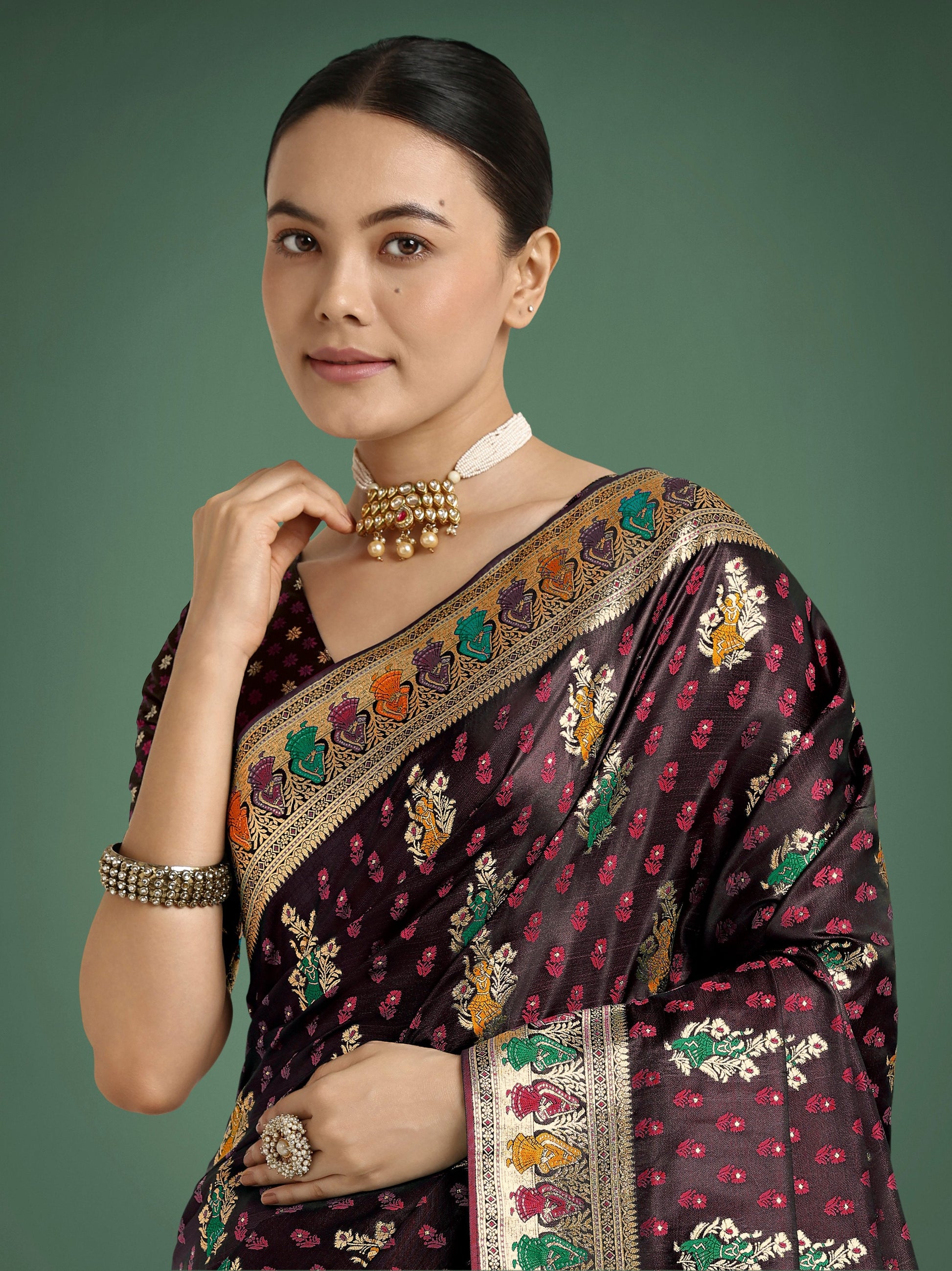 Monjolika Fashion Maroon With Gold Bordar Banarasi Zari Woven Satin Saree | Swadesiicart