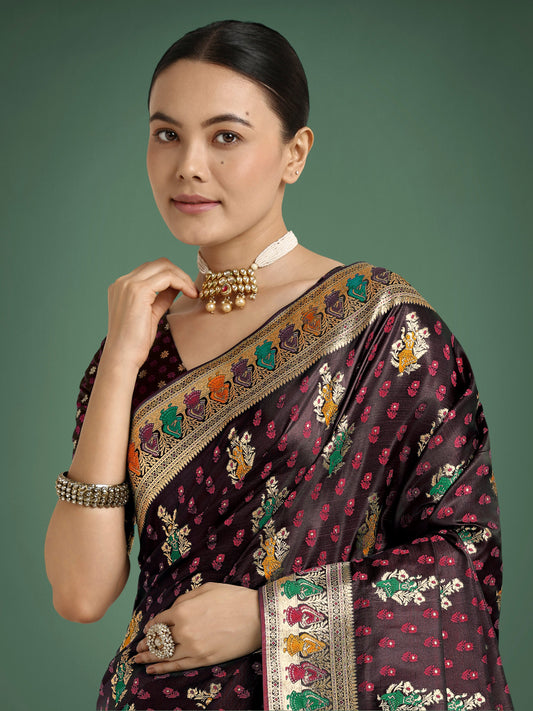 Monjolika Fashion Maroon With Gold Bordar Banarasi Zari Woven Satin Saree | Swadesiicart